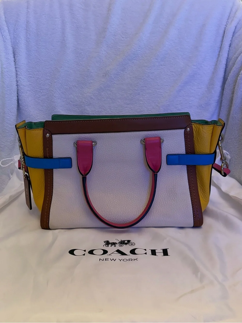 Coach Multicolor Leather Swagger Satchel — White, Yellow, Pink & Blue Trim
